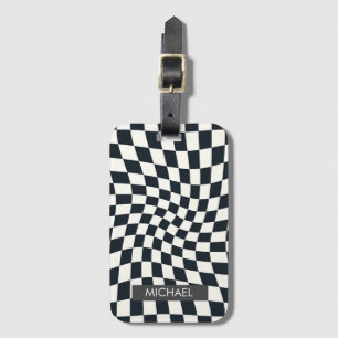 Personalized Retro Warped Black White Checks Luggage Tag