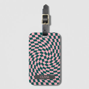Personalized Retro Warped Green Pink Checkered   Luggage Tag