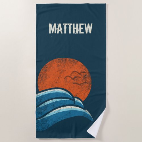 Personalized Retro Waves and Sun Surf Style Beach Towel