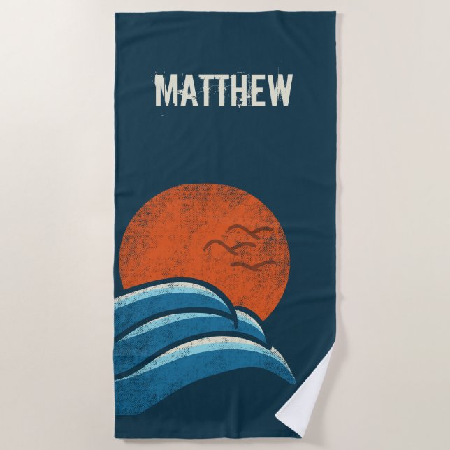 Personalized Retro Waves and Sun Surf Style Beach Towel (Front)