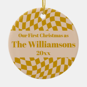 Personalized Retro Yellow Checkerboard Christmas Ceramic Ornament