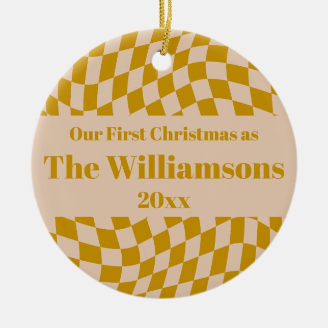 Personalized Retro Yellow Checkerboard Christmas  Ceramic Ornament (Front)