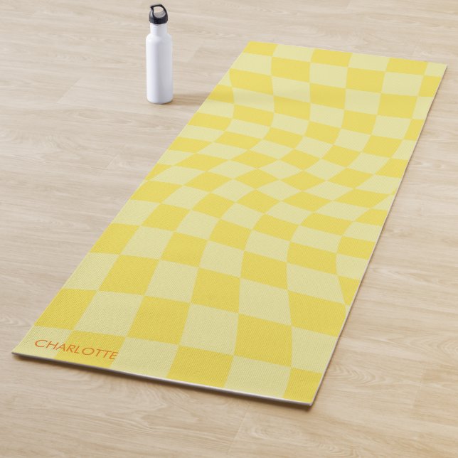 Personalized Retro Yellow Wavy Checkered Yoga Mat (In Situ)