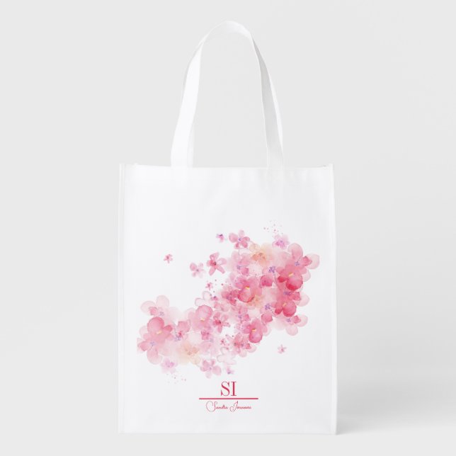 Personalized Reusable Grocery Bag | Pink Floral (Front)