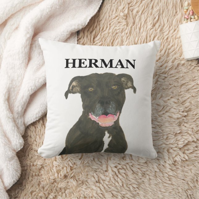 Personalized Reversible Black Pitbull Staffy Dog Throw Pillow (Blanket)