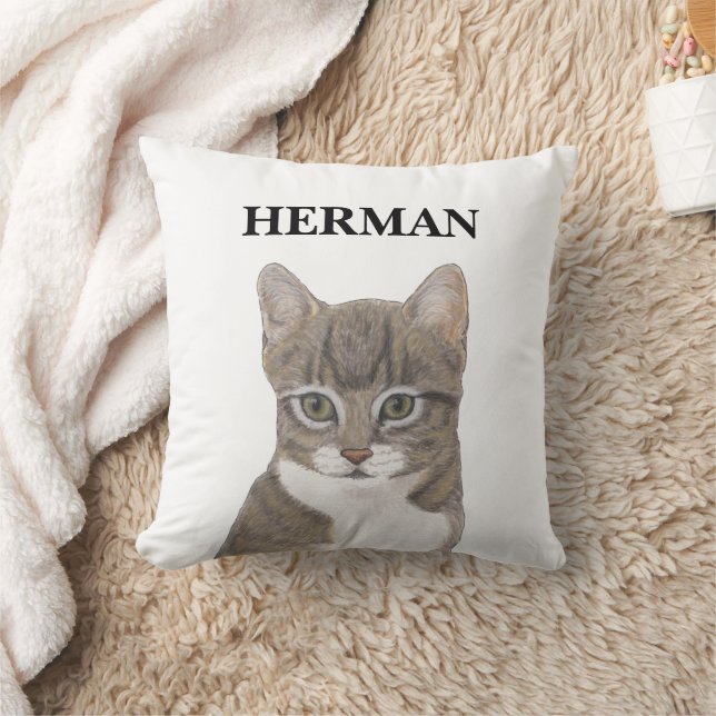 Personalized Reversible Grey Tabby Cat Throw Pillow (Blanket)