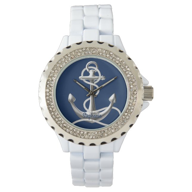 Personalized rhinestone watch silver anchor (Front)