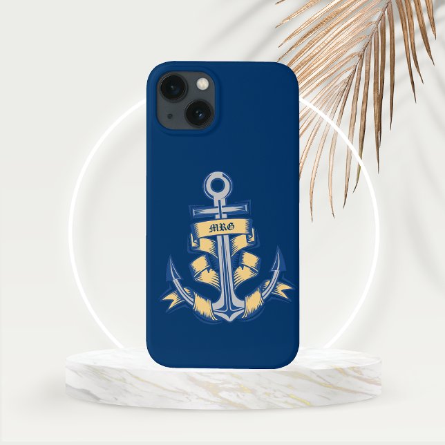 Personalized Ribboned Anchor on Azure Case-Mate iPhone Case (Personalized Ribbon Anchor on an Azure Background Nautical Theme Phone Case)