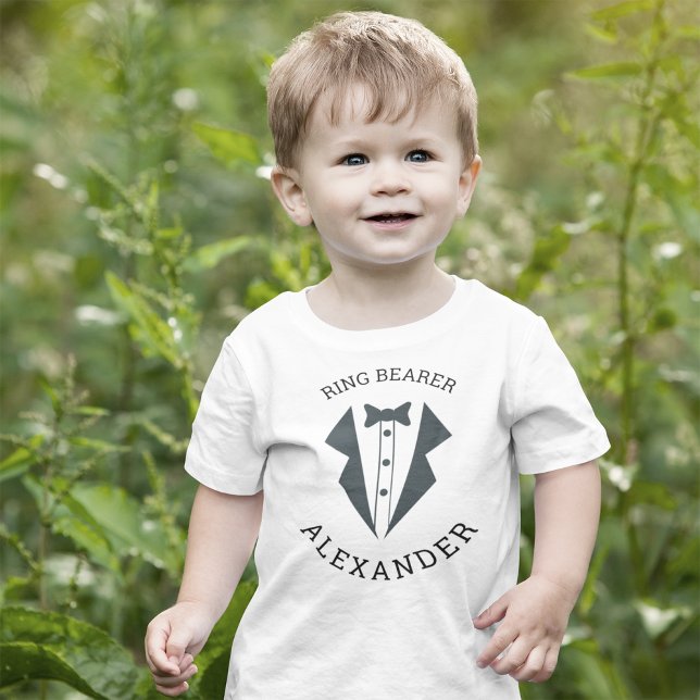 Personalized Ring Bearer Tuxedo Black White Baby T-Shirt (Creator Uploaded)