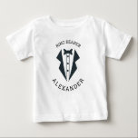 Personalized Ring Bearer Tuxedo Black White Baby T-Shirt<br><div class="desc">A personalized baby T-Shirt for the ring bearer in your wedding party,  featuring a black illustration of a tuxedo framed by the words "ring bearer" and the child's first name in curved black type.</div>
