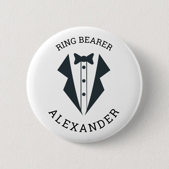 Personalized Ring Bearer Tuxedo Black White Button (Front)