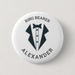 Personalized Ring Bearer Tuxedo Black White Button<br><div class="desc">A personalized button for the ring bearer in your wedding party,  featuring a black illustration of a tuxedo framed by the words "ring bearer" and the child's first name in curved black type.</div>