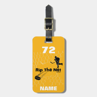 Personalized Rip The Net Hockey Player black gold Luggage Tag