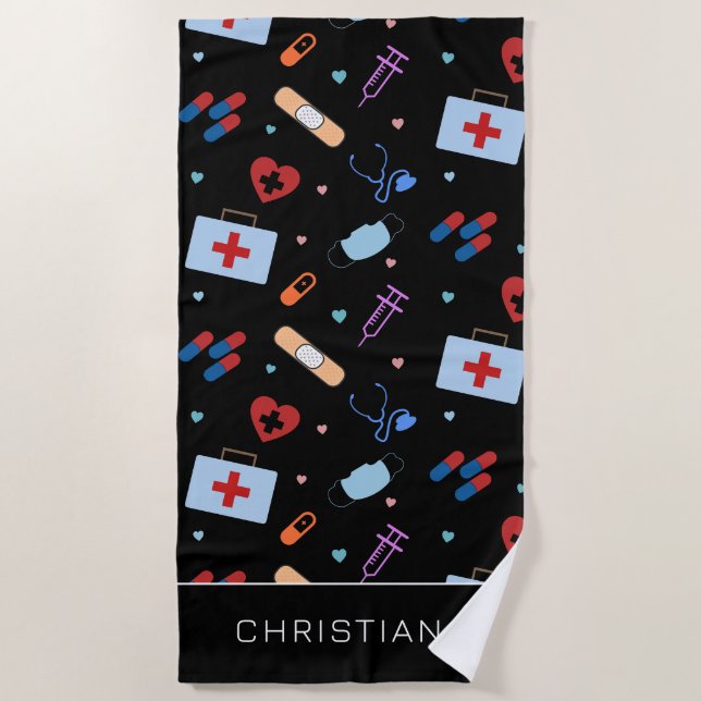 Personalized RN Nurse | Doctor Medical Pattern Beach Towel (Front)