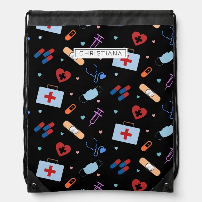 Personalized RN Nurse | Doctor Medical Pattern Drawstring Bag (Front)