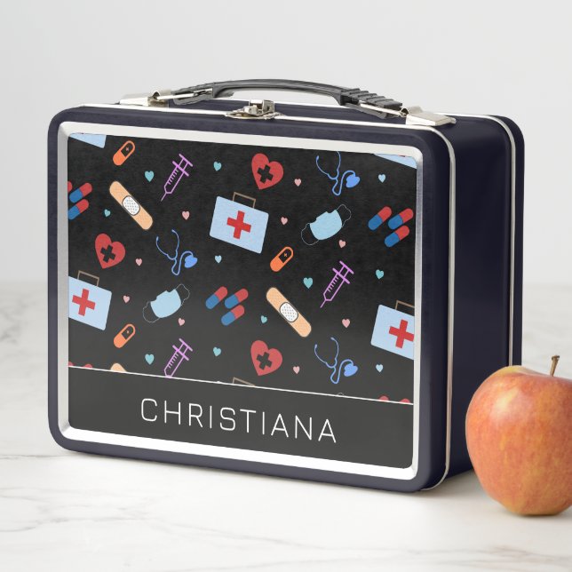 Personalized RN Nurse | Doctor Medical Pattern Metal Lunch Box (In Situ)