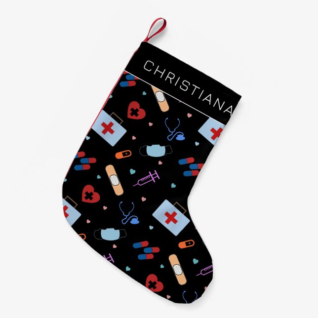 Personalized RN Nurse | Doctor Medical Pattern Small Christmas Stocking (Front (Hanging))