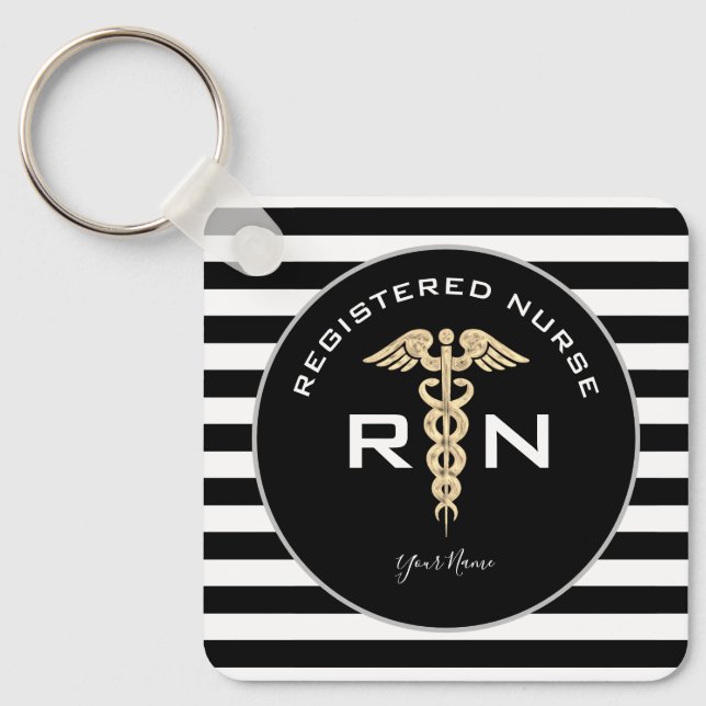 Personalized RN Nurse Modern Black Gold  Keychain (Front)