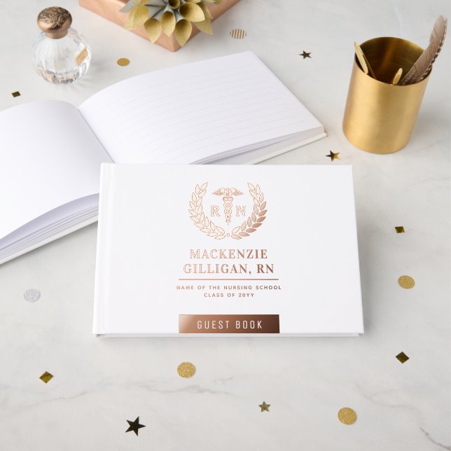 Personalized RN Nursing School Graduation Elegant Foil Guest Book (Front Open)