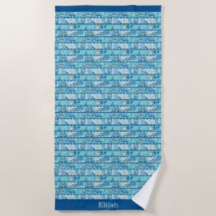 Personalized Road Construction Trucks Blue Teal Beach Towel