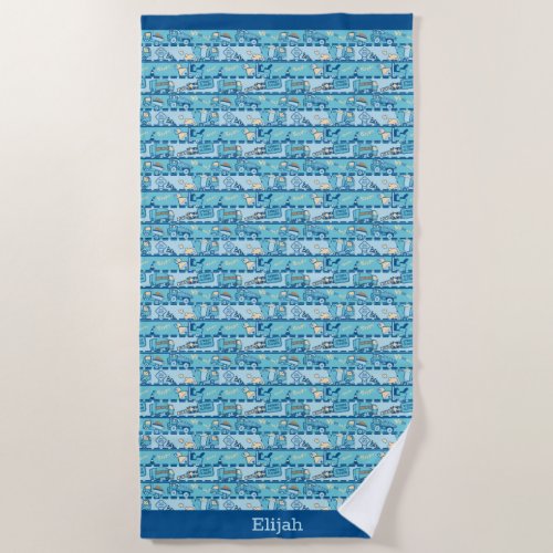 Personalized Road Construction Trucks Blue Teal Beach Towel