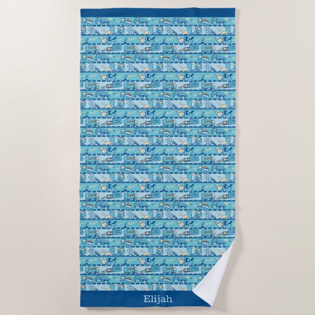 Personalized Road Construction Trucks Blue Teal Beach Towel (Front)