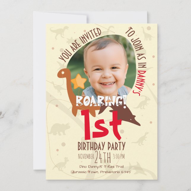 Personalized Roaring Dinosaur 1st Birthday  Invitation (Front)
