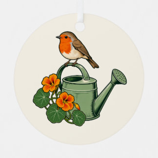 Personalized Robin and Watering Can Garden Metal Ornament