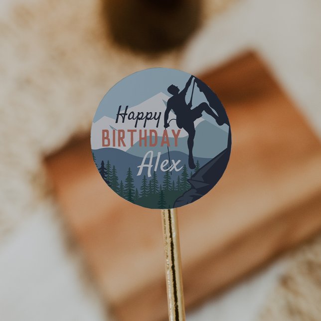 Personalized Rock Climbing Theme Happy Birthday Classic Round Sticker (Creator Uploaded)