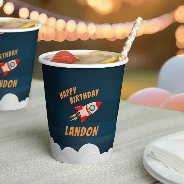 Cup Rocket Lettering Personalized Rocket Ship Birthday Paper Cups | Zazzle