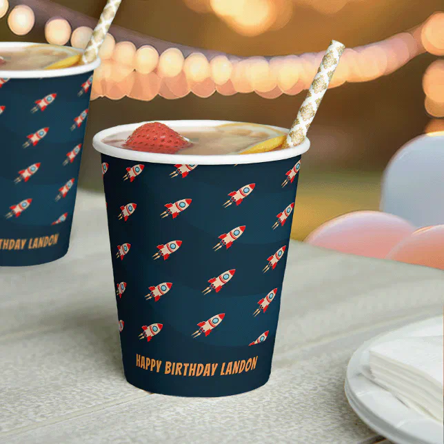 Cup Rocket Lettering Personalized Rocket Ship Pattern Birthday Paper Cups | Zazzle