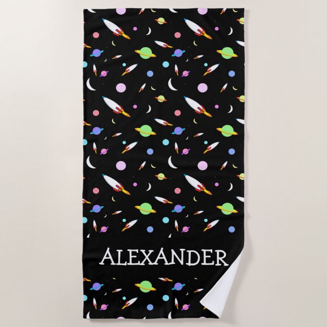 Personalized Rockets Planets Moons Stars Space Beach Towel (Front)
