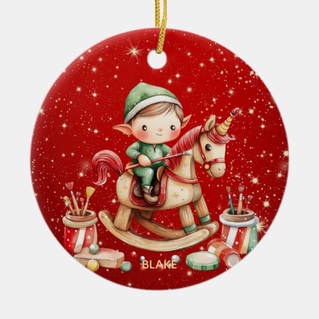 Personalized Rocking Horse Unicorn Elf Children Ceramic Ornament (Front)