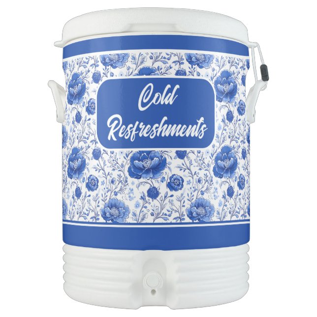 Personalized Rococo Blue Floral Elegance Beverage Cooler (Front)