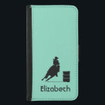 Personalized Rodeo Theme Cowgirl Barrel Racer Samsung Galaxy S5 Wallet Case<br><div class="desc">Silhouette of an athletic cowgirl barrel racing with her horse. Exciting rodeo action illustration. Background is a mint green color. Great for rodeo fans and horse lovers. Personalize with a name.</div>