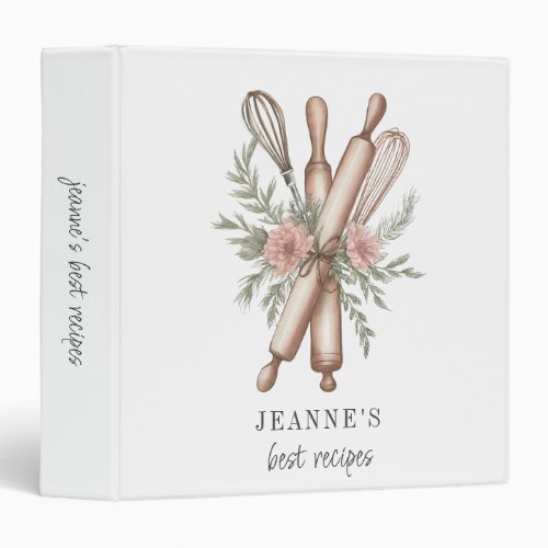 Personalized Rolling Pins Whisks Floral Recipe 3 Ring Binder