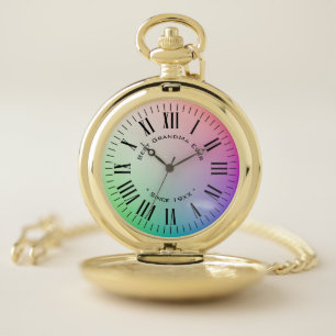 Personalized Roman Numerals on Colorful Rainbow Pocket Watch