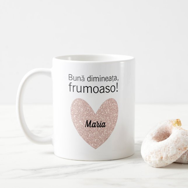 Personalized Romanian Greeting and Rose Gold Heart Coffee Mug (With Donut)