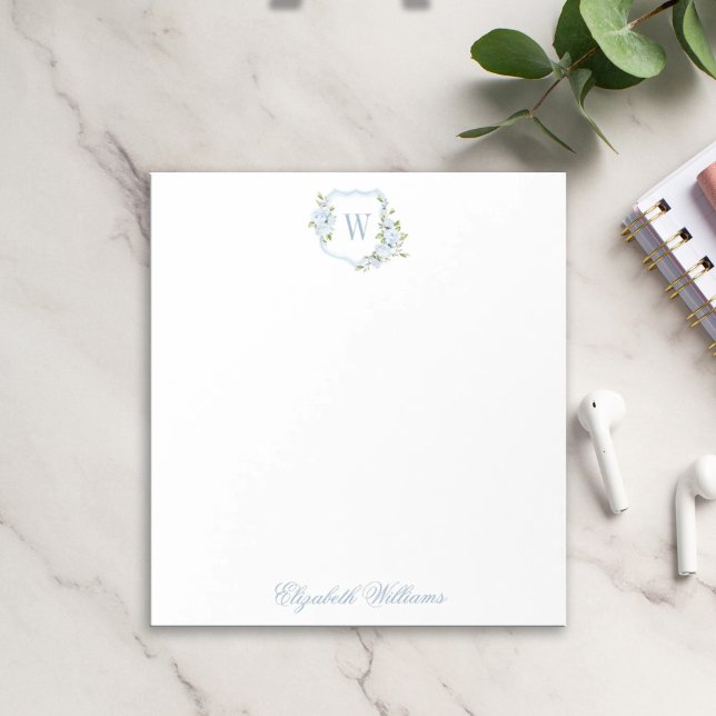 Personalized Romantic Blue Watercolor Floral Crest Notepad (Creator Uploaded)