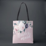 Personalized romantic blush floral bridesmaid tote bag<br><div class="desc">Watercolor botanical floral and greenery in soft blush pink,  green and navy,   with bridesmaid script and custom name on the back,  elegant and romantic,   great personalized gifts for bridesmaid.</div>