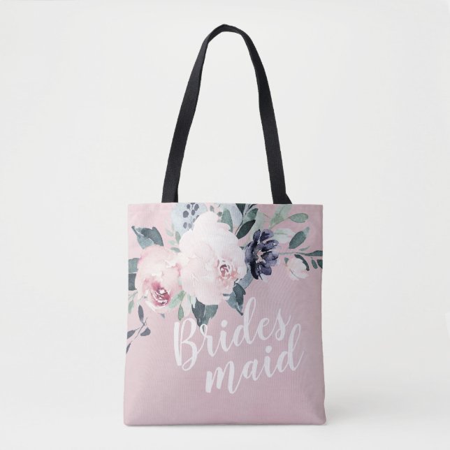 Personalized romantic blush floral bridesmaid tote bag (Front)