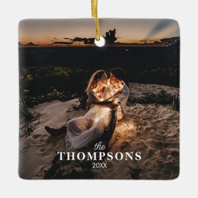 Personalized Romantic Couple Photo Christmas Ceramic Ornament (Front)