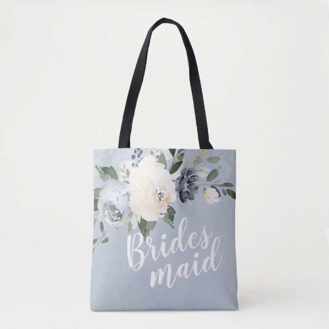 Personalized romantic dusty blue floral bridesmaid tote bag (Front)