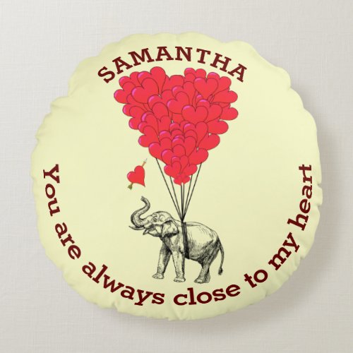 Personalized romantic elephant and red heart round pillow