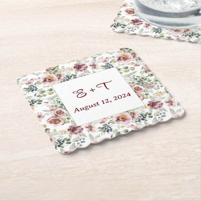 Personalized romantic floral pastel paper coasters (Angled)
