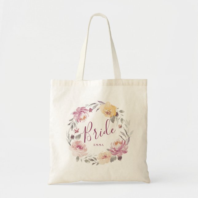 Personalized romantic garden floral bride tote bag (Front)