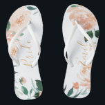 Personalized Romantic garden peach floral bride Flip Flops<br><div class="desc">Modern watercolor peach floral and botanical greenery,  elegant and romantic,  great personalized bridal party gifts for bride to be.</div>