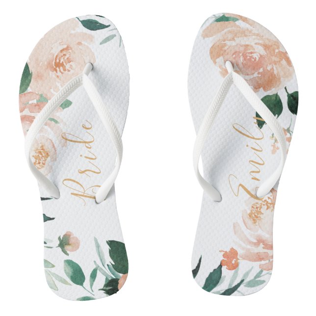 Personalized Romantic garden peach floral bride Flip Flops (Footbed)
