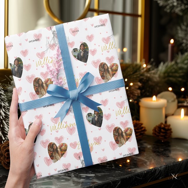 Personalized Romantic Heart with Photos and Names Wrapping Paper (Creator Uploaded)