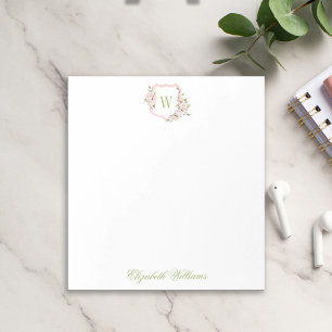 Personalized Romantic Pink Watercolor Floral Crest Notepad